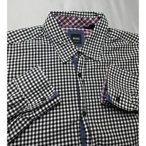 Hugo Boss Shirt Mens Large Black/White Check Button Up Long Sleeve Regular Fit
